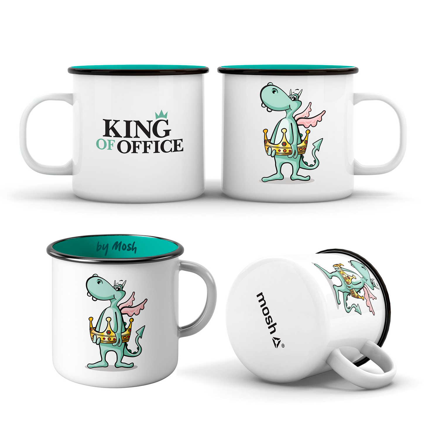 Smaltový hrnček Mosh King of Office - tyrkysový